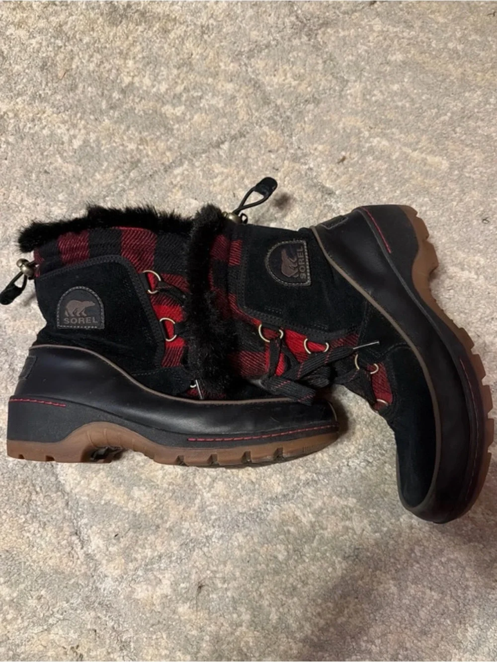 Sorel Black Suede Winter Boots with Red Accent Panels and Faux Fur Cuff